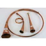 Vintage Copper, Nickel and Brass Hunting Horn together with Two Circular Copper Horns