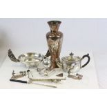 Box of Silver plate & other items to include a Silver inlaid Copper vase