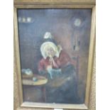 19th Century oil on canvas of an elderly woman knitting