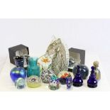 Collection of vintage glassware to include; paperweights, pair of Bristol blue glass Scent
