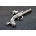 Silver 17th century style hand held pistol whistle pendant