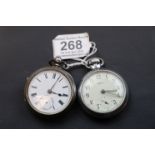 Silver open faced pocket watch, white enamel dial and subsidiary dial, black Roman numerals and