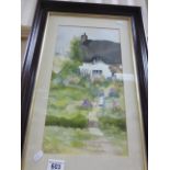 Nichola Dugmore: Framed and Glazed Watercolour of a Thatched Cottage and Flower Garden, signed
