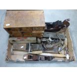 Mixed Lot of Tools including Small Multi Drawer Chest, Wood Planes, Spirit Level, Ruler, etc