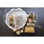 Tub of Mixed Costume Jewellery, Cased Gents Stud Set and Tub of Watches and Pocket Watches