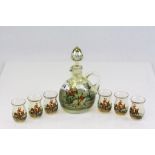 Vintage glass Decanter with six glasses all with Hunting theme decoration