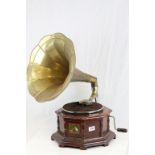 HMV Gramophone with sound horn and tin of Needles