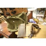 Military type canvas satchel with two Anti Gas eye shields and a Scout belt