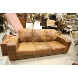 Three Seater Tan Leather Sofa with stitched detail