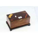 Burr Walnut veneer wooden combination Cigarette & Games box with inlaid Military interest to lid