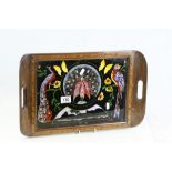 Wooden tray with Butterfly Wing and painted Bird decoration under glass