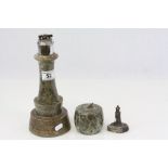 Serpentine stone lighter modelled as a Lighthouse, a serpentine Sundial and a small serpentine