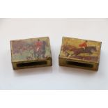 Pair of circa 1930s hunting scene transferred printed paper covered matchbox holders,