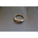 Diamond five stone 18ct yellow gold ring boat head ring, old cut, eight cut and rose cut diamonds,