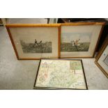 Antique Hand Coloured Book Plate Map of Shropshire, contained in a Hogarth Frame and Pair of Maple