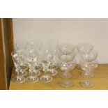 Nine vintage drinking glasses with inset air bubble and a set of six Champagne glasses with etched