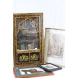 Asian wall Mirror with painted wooden frame, two framed & glazed pictures made from Pheasant