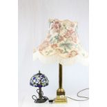 Large Brass Corinthian Column table lamp and another smaller lamp with Tiffany style glass shade