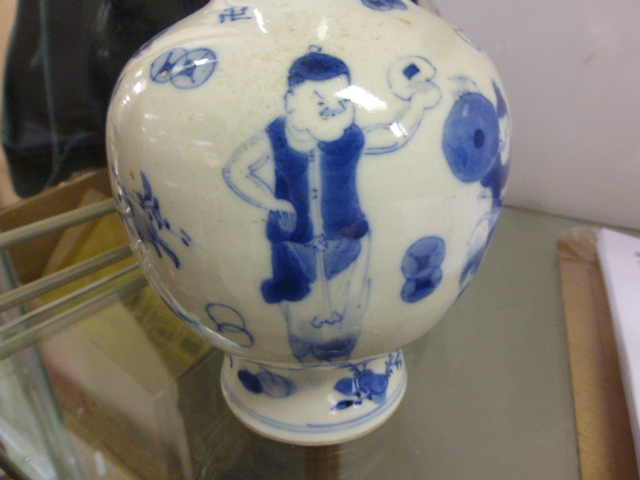 Two vintage Chinese blue & white Vases with Oriental figure decoration and four character marks to - Image 16 of 17