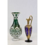 Enamelled green glass Vase with gilt detailing and a Bristol blue glass Ewer with extensive gilt