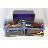 Five boxed/cased Scalextric slot cars to include C2994 Aston Martin DB5 red, C3006 Lamborghini