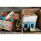 Two boxes of loose Fisher-Price toys including Play Family School, Circus Train, Play Family Farm,