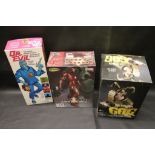 Three Boxed Figures - Playing Mantis Dr Evil, Moebius Marvel Iron Man Assembly Kit and D C Comics