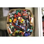 A box of playworn diecast vehicles, mostly cars, vans and trucks to include Corgi, Dinky,