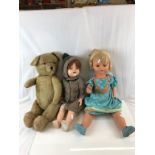 Two Mid 20th C dolls showing play wear plus a vintage teddy bear 22" approx height
