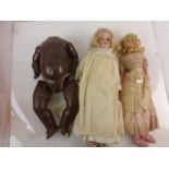 Three early 20th C dolls to include wax head doll (16" approx), continental dolls with glass eyes