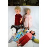 Sindy horse with doll marked Hong Kong plus monkey soft toy, and two other mid 20th C dolls and a