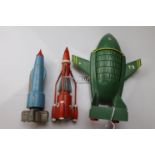 Three AJ Rosenthal Thunderbirds vehicles to include T1, T2 & T3 all showing playwear, some damage