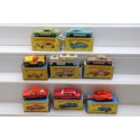 Eight boxed Matchbox 75 Series diecast models to include 66 Greyhound Bus, 38 Honda M/Cycle &
