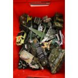 A box of mostly military related playworn diecast vehicles to include Matchbox Battle Kings,