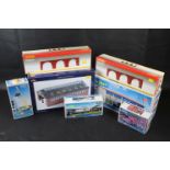 Seven boxed HO & OO gauge trackside buildings and accessories to include Bachmann Modern Servicing