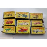 Nine boxed Matchbox 75 series diecast models to include 51 Tipper with two barrels, 27 Mercedes Benz