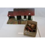 Collection of vintage metal and wooden farm animal figures plus farm house