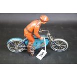 Early 20th C Lehmann Echo 725 tin plate clockwork motorcyclist, vg condition with some paint chips