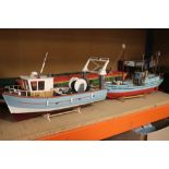 2 scratch built models trawlers, both on wooden plinths, well made, in good condition, with
