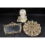 Cast Iron Skeleton Head together with a Skeleton Framed Mirror and Photograph Frame (3)
