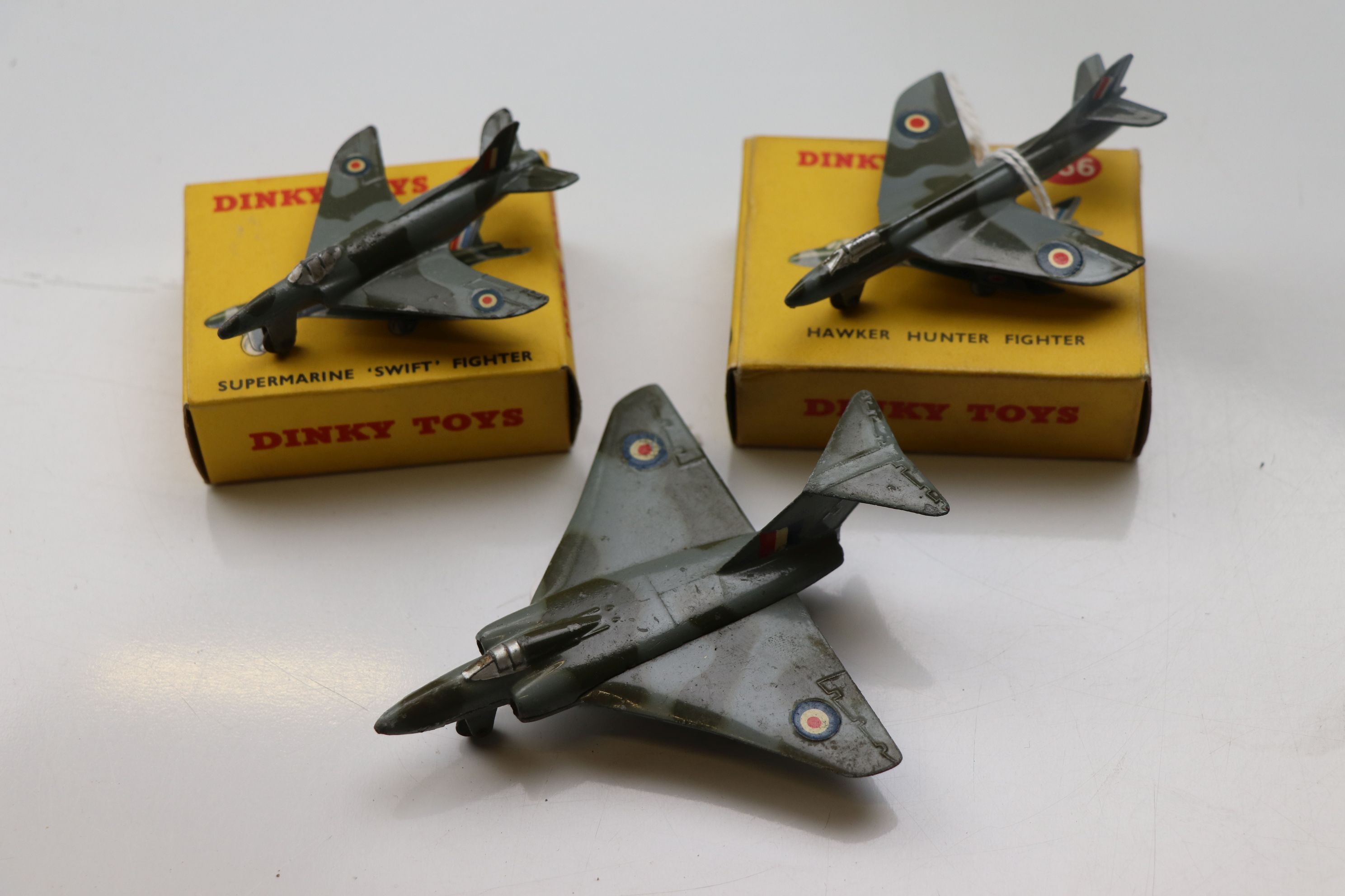Two boxed Dinky planes to include 736 Hawker Hunter Fighter and 734 Supermarine Swift Fighter (