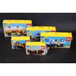 Five boxed Lego Legoland sets to include 6684, 6630, 6695, 6627 & 6682 all built and appearing