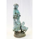 Bronze statue of a Girl & Geese with a green patinated finish