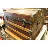 Victorian Wooden Bound and Canvas Domed Top Travelling Trunk, label to the inside ' J Biffen, Albany