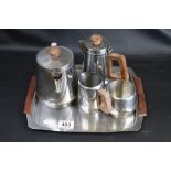 Retro five piece stainless and wooden tea set to include tray