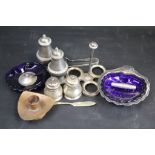 Collection of mixed silver and silver plate to include silver plated salt and pepper of baluster