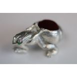 Silver Plated Pin Cushion in the form of a Frog with Emerald eyes