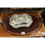 Edwardian Mahogany Inlaid Oval Serving Tray with Twin Brass Handles together with Silver Plated