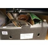 Box of Kitchenalia including Ice Buckets, Preserving Pan, Stoneware Jug, Apple Parer, Cutlery and