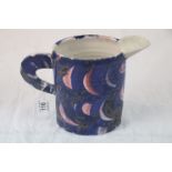 Blue and pink large studio pottery vase in the form of a jug with sparrow beak lip, purchased from